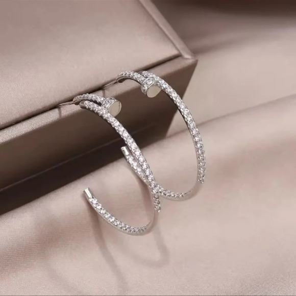 Silver Nail Crystal Hoop Earrings - Picture 2 of 6